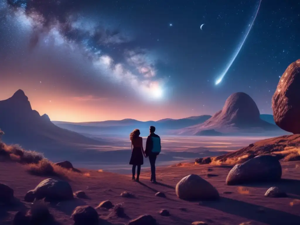 Historias de amor interplanetarias con asteroides en un paisaje celestial lleno de belleza y romance