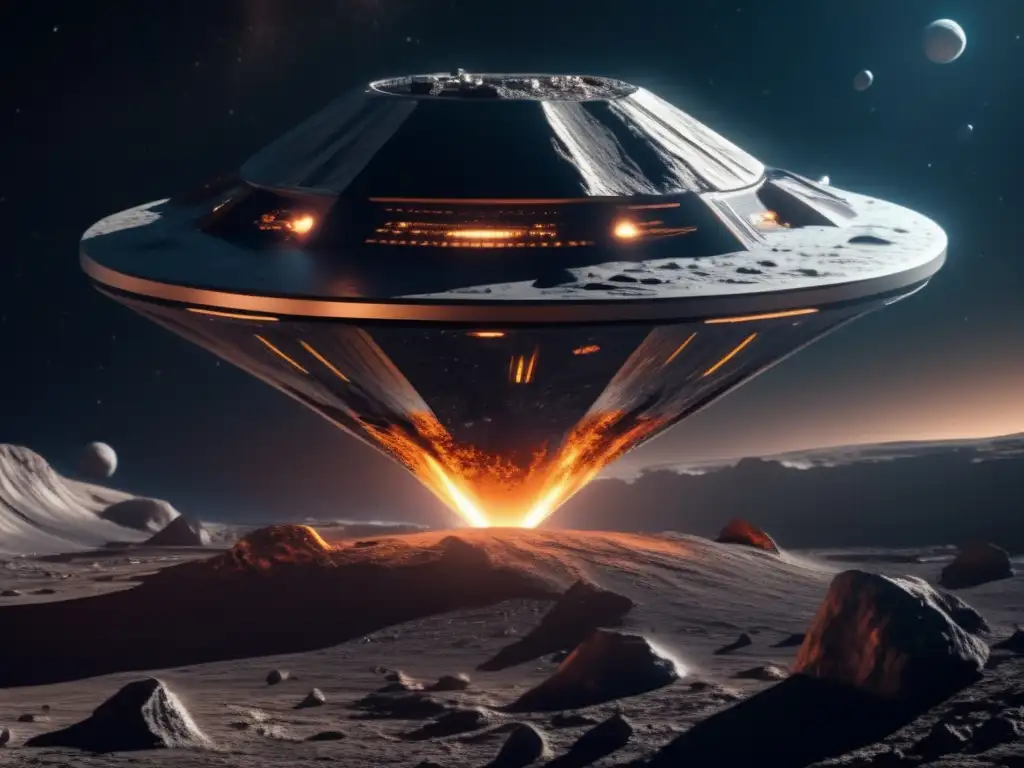 Historias de asteroides y naves espaciales: nave futurista sobre asteroide en el espacio