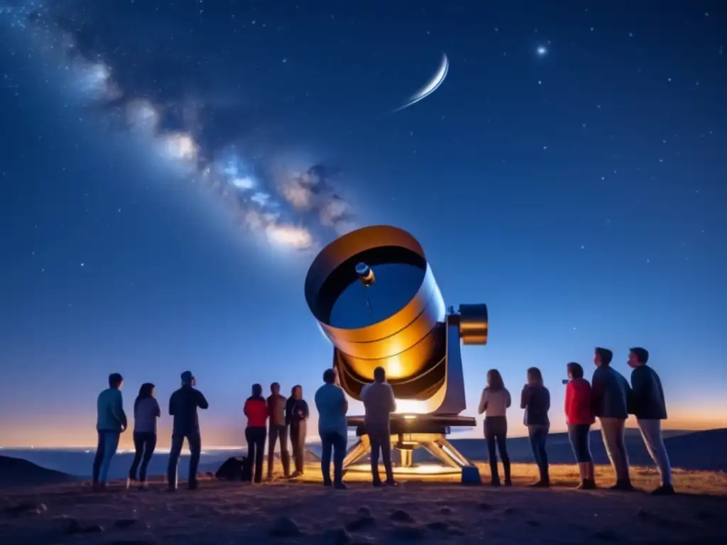 Historias de asteroides nombrados por aficionados: Grupo de astrónomos observando detalladamente el cielo nocturno con un telescopio de diseño moderno