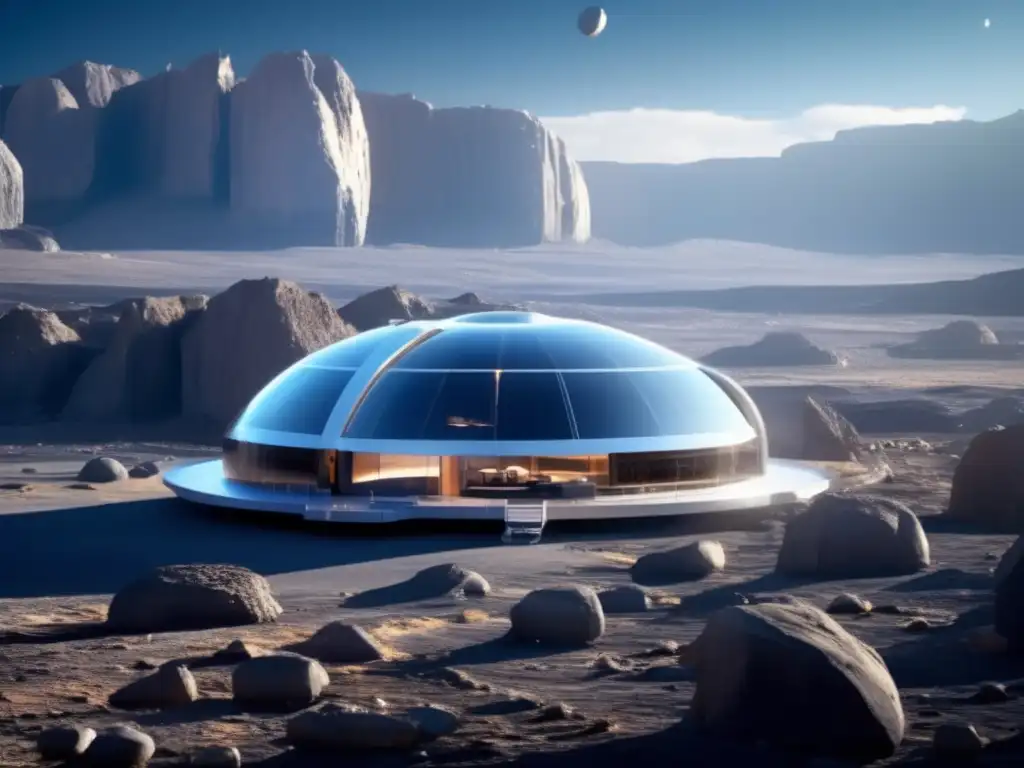 Hotel espacial futurista en asteroide: lujo, vistas cósmicas, diseño moderno, lanzadera espacial
