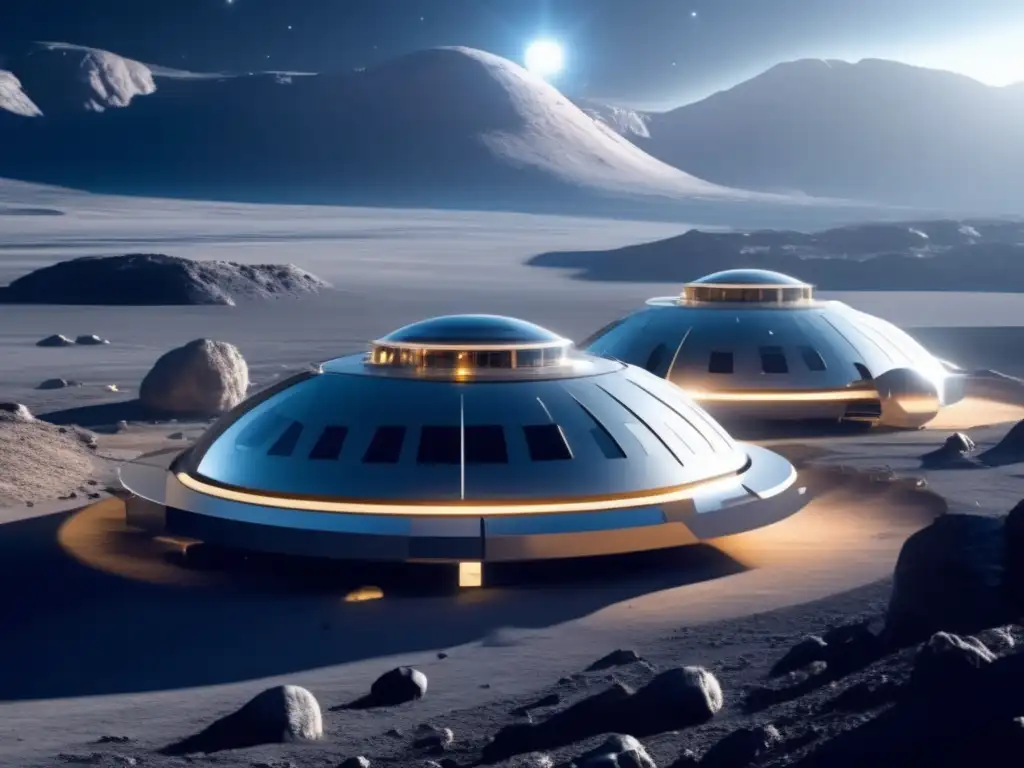 Hotel espacial futurista en asteroide: paisaje cósmico, arquitectura elegante, turismo celestial, viajes interplanetarios