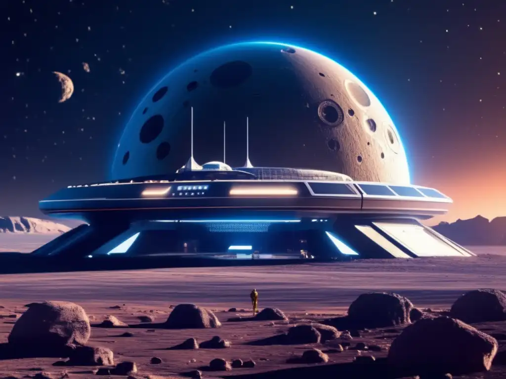 Hotel espacial de lujo en asteroide: una vista cinematográfica impresionante de un oasis celeste