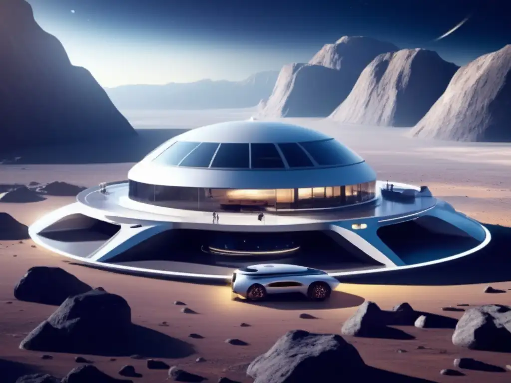 Hotel espacial de lujo en asteroide, impresionante arquitectura futurista con vistas panorámicas al cosmos