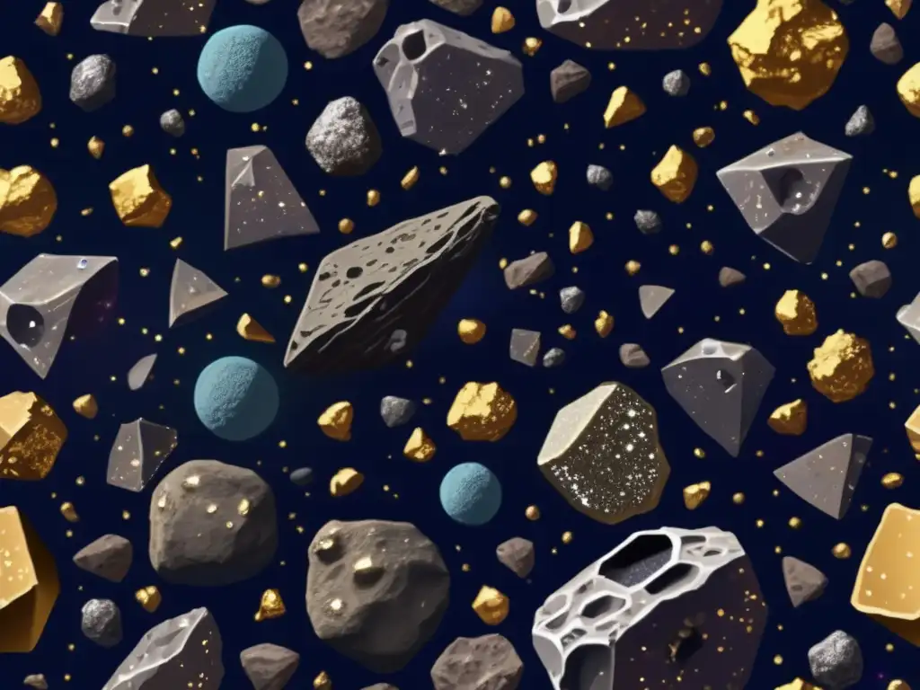 Huella ambiental colonización asteroides: Imagen de campo vasto de asteroides con variados minerales y metales preciosos en tonos dorados y plateados