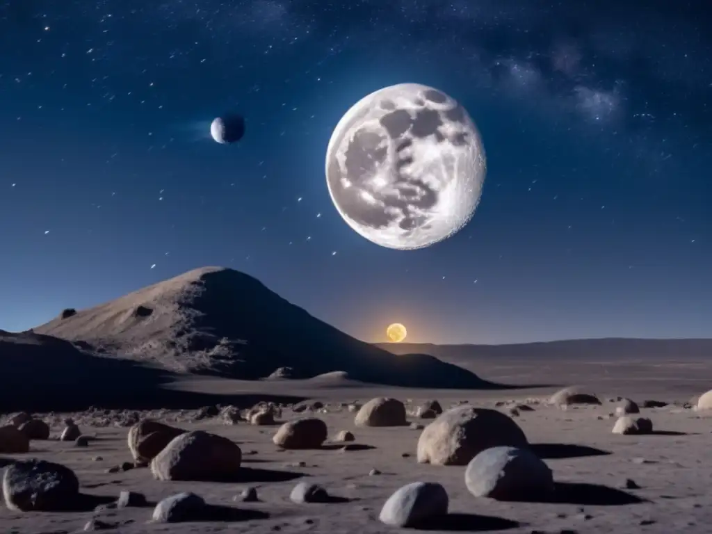 Huella gravitatoria de asteroides detectar en la noche estrellada, con luna llena y asteroide en movimiento