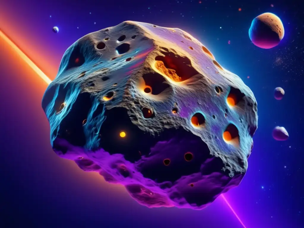 Huella química de asteroide en el espacio: Detalles 8k de su superficie rocosa adornada con patrones y colores cósmicos