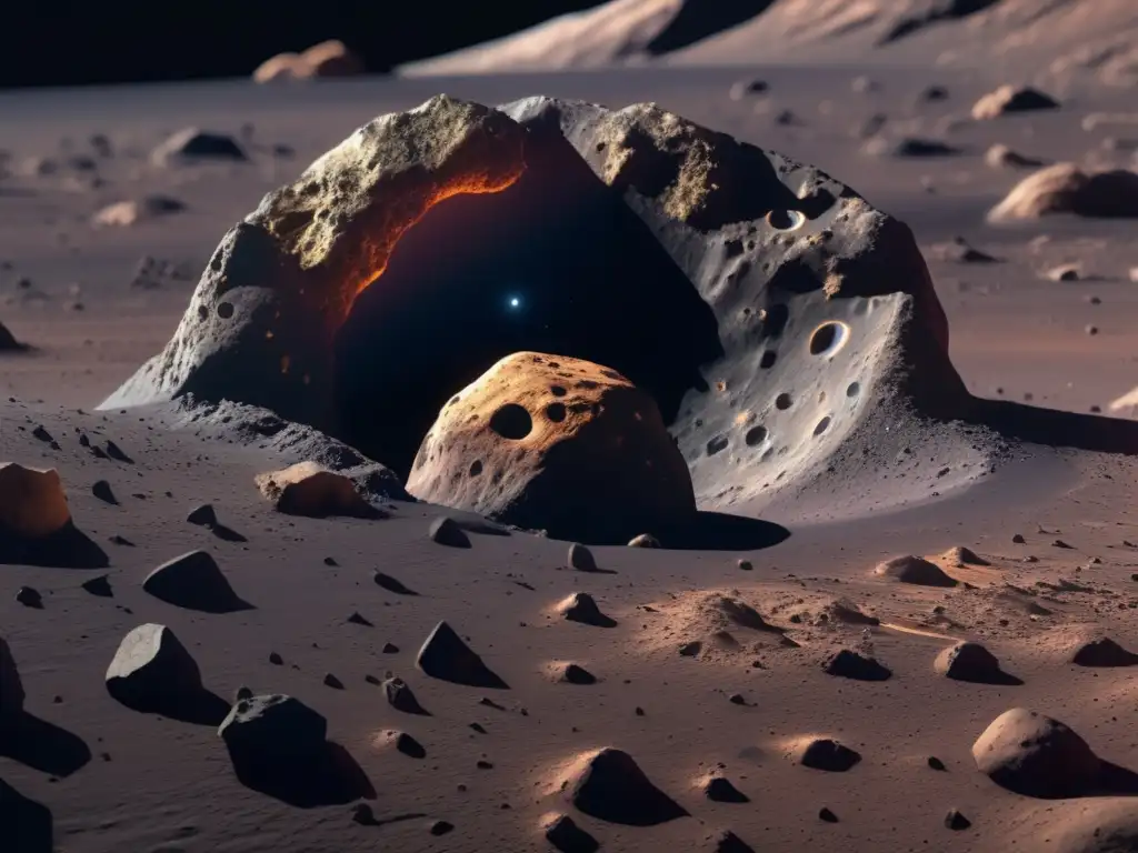 Huella química asteroides distancia: Detalle realista de un asteroide irregular, con cráteres, minerales y atmósfera