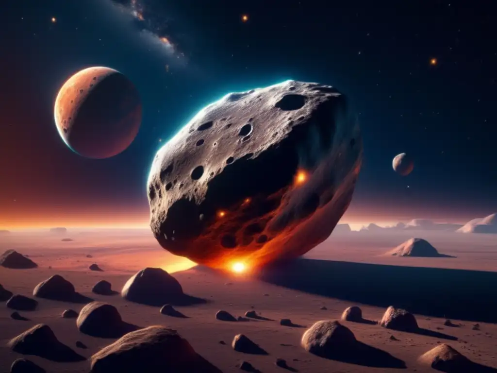 Huella química asteroides distancia: Impactante imagen 8k de un asteroide en el espacio con textura única, sombras dramáticas y colores cautivadores