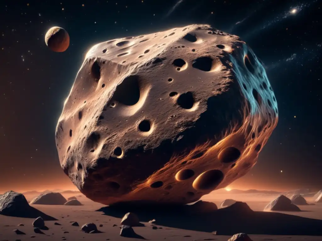 Huella química asteroides distancia: Imagen impactante de un asteroide en el espacio, con detalles y texturas reveladas por la luz solar