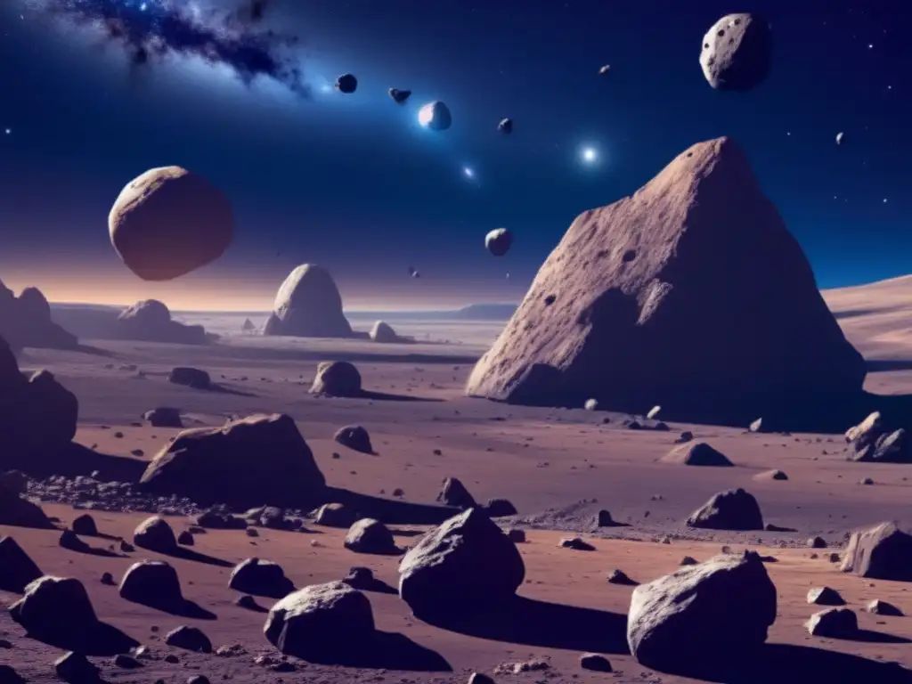Exploración humana con asteroides en un vasto espacio estelar con rocosos asteroides y una impresionante nebulosa