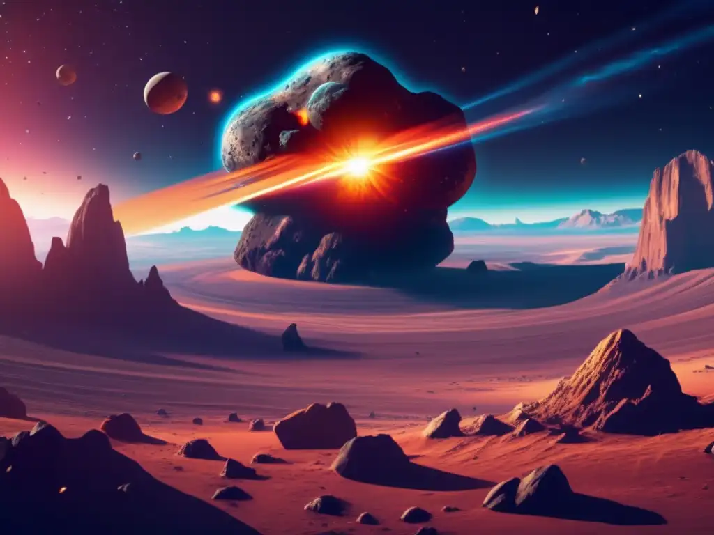 Una ilustración digital impresionante de un asteroide masivo que se acerca a la Tierra, con detalles intrincados y formaciones rocosas