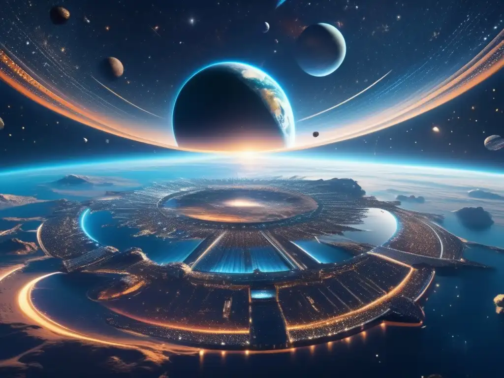 Imagen: Análisis SWOT Minería Espacial - La Tierra en el centro, nave espacial y paisajes celestiales