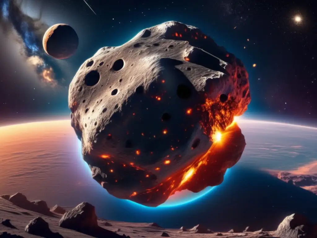 Imagen: Asteroida gigante se acerca a la Tierra, con cráteres y bordes rugosos, en un paisaje estrellado con tonos azules, púrpuras y dorados