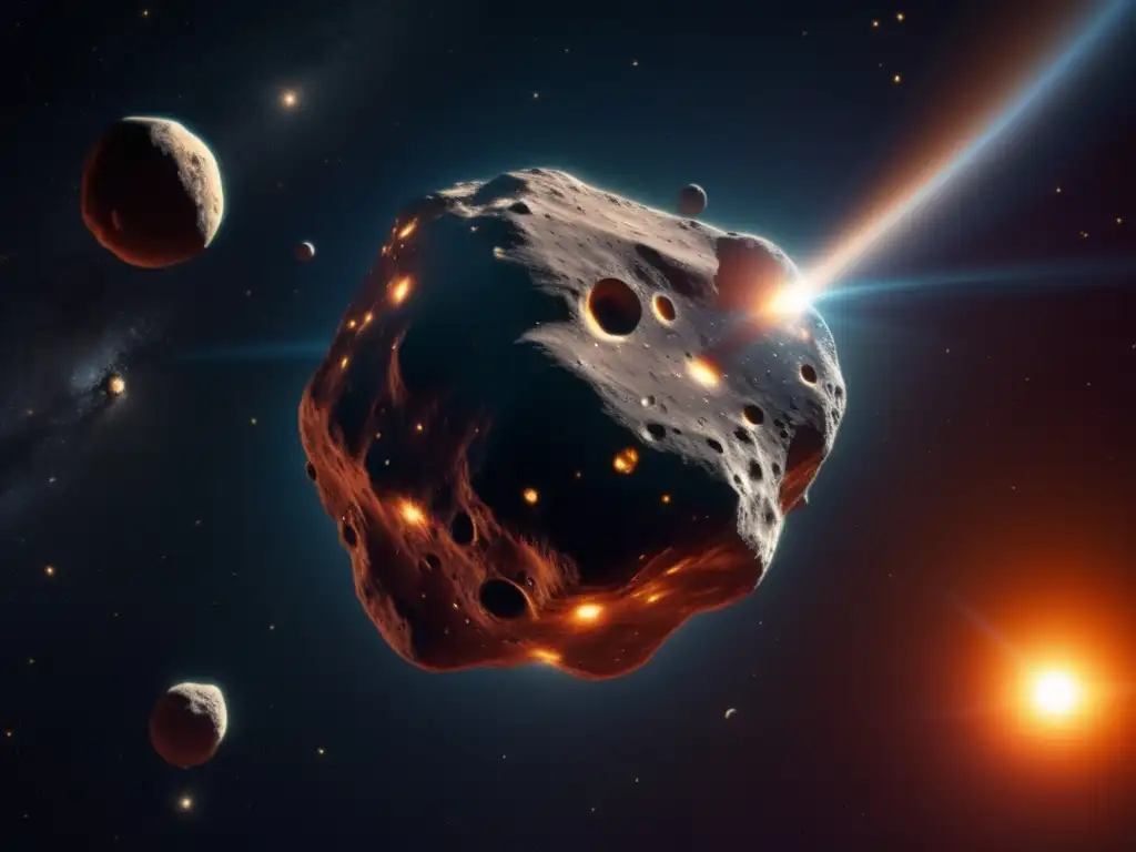 Imagen 8K: Asteroide espacial con cráteres y radiación solar