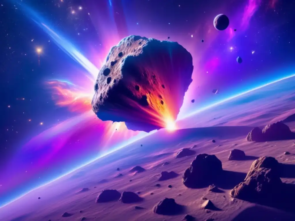 Imagen del asteroide en el espacio rodeado de una nebulosa, con cráteres y bordes irregulares