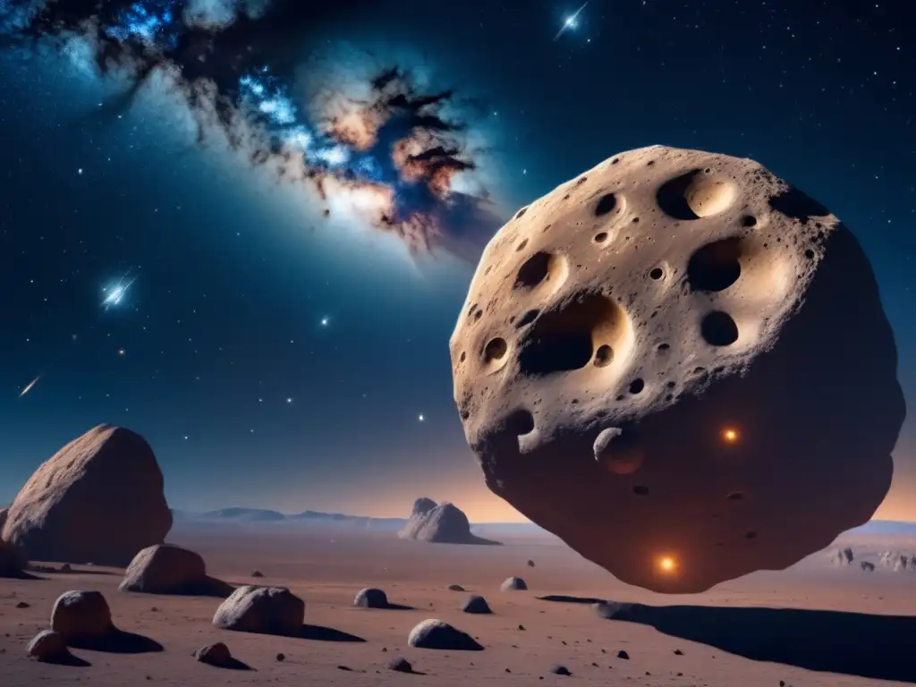 Imagen en 8k de un asteroide en el espacio rodeado de polvo y debris