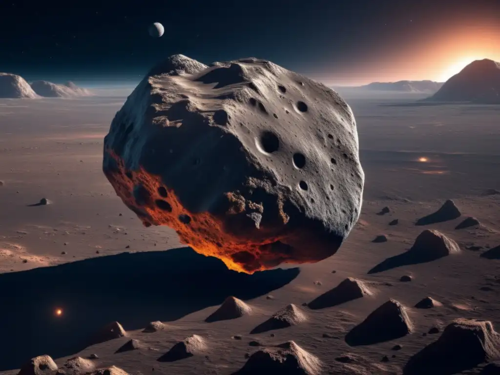Imagen 8K de un asteroide con composición y estructura irregular, revelando capas de terreno rocoso y helado en el espacio