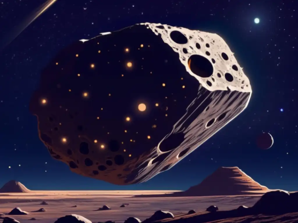 La imagen muestra un asteroide majestuoso en el espacio con una nave futurista y la clave 'Tecnología sostenible con asteroides'