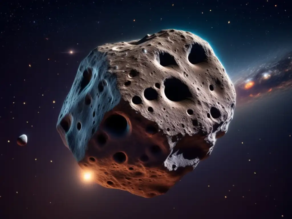 Imagen 8k de un asteroide masivo flotando en el espacio, con textura, cráteres y colores variados