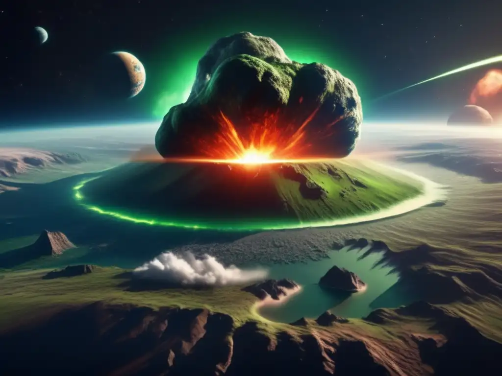 Imagen en 8k de un asteroide masivo acercándose a la Tierra, con superficie irregular y cráteres visibles