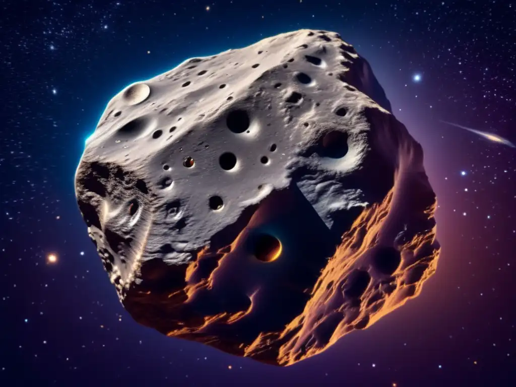 Imagen: Asteroide metálico flotando en el espacio, con estrellas y galaxias de fondo