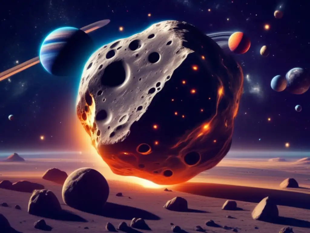 Imagen de un asteroide en órbita rodeado por planetas y satélites, con fuerzas gravitacionales y asteroides que cambian de órbita