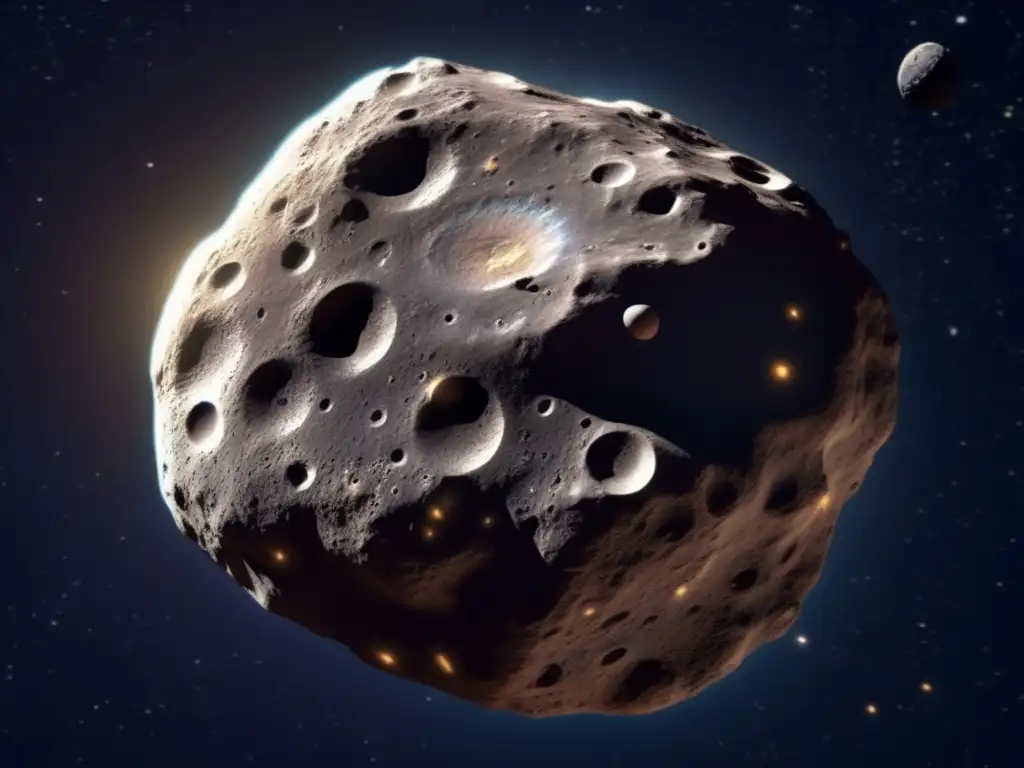 Imagen de asteroide oscuro, rocoso, con diámetro de 10 km en el espacio