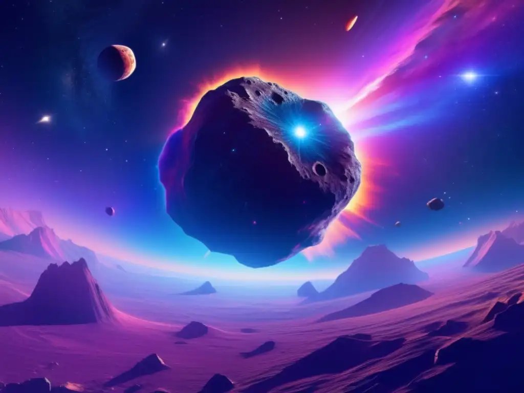 Imagen VR: Asteroide realista en el espacio, rodeado de nebulosa