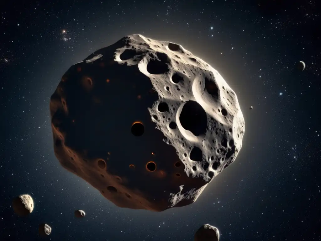 Asteroide C: misteriosa roca espacial La imagen muestra un asteroide tipo C en el espacio, con texturas rocosas y cráteres, destacando su historia migratoria