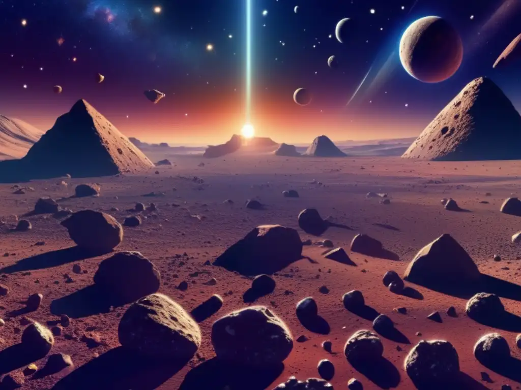 Imagen de asteroides como colonias espaciales en un vasto y detallado paisaje estelar, con variados tamaños, formas y colores