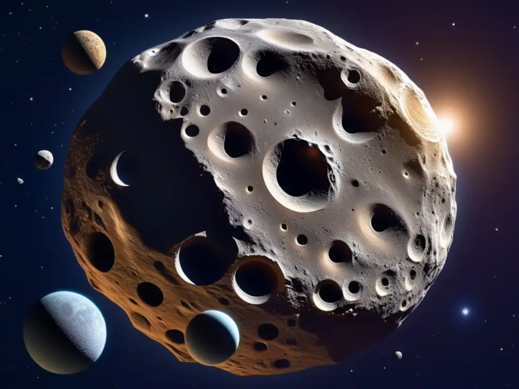 Imagen: Exploración de asteroides con lunas - Increíble vista del espacio con asteroide y sus lunas, mostrando belleza y recursos cósmicos