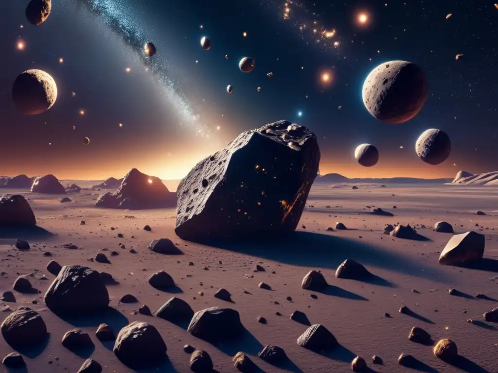 Imagen 8k de asteroides metálicos en el espacio, revelando su belleza y valor
