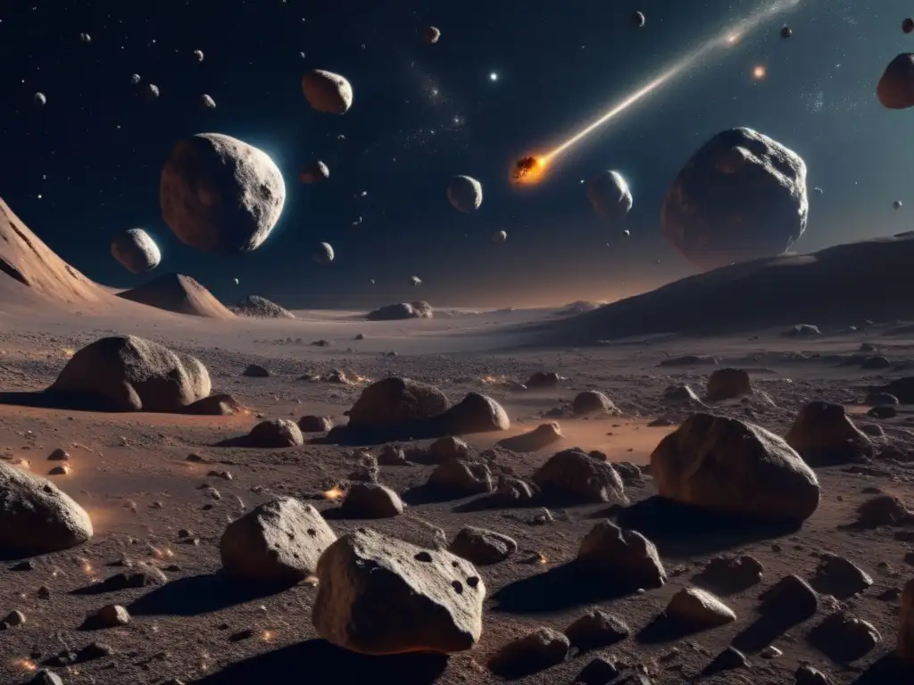 Asombroso paisaje espacial con asteroides Imagen 8k de asteroides tipo C con historia migratoria