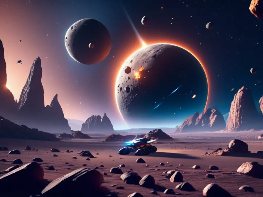 Imagen: Exploración de asteroides en videojuegos - Espaciotemático, nave futurista flotando en campo de asteroides masivo - Aventura y detalle en 8k