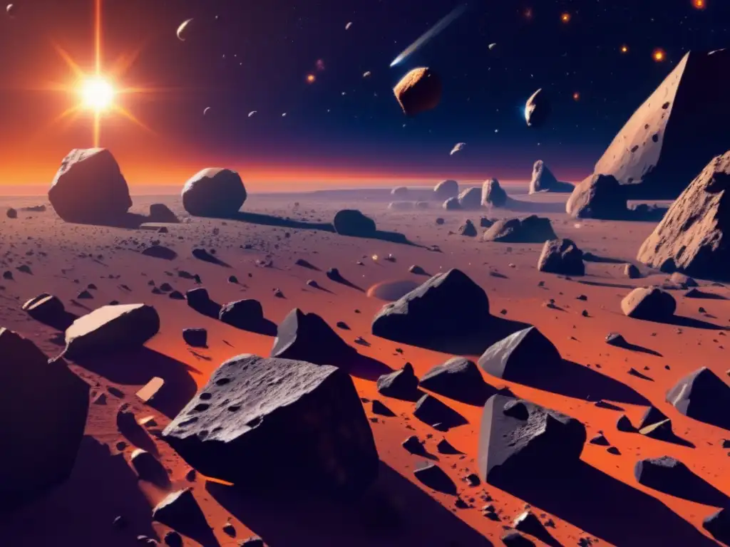 Imagen de campo de asteroides denso en el espacio, con variados tamaños, colores vibrantes y perturbaciones gravitatorias