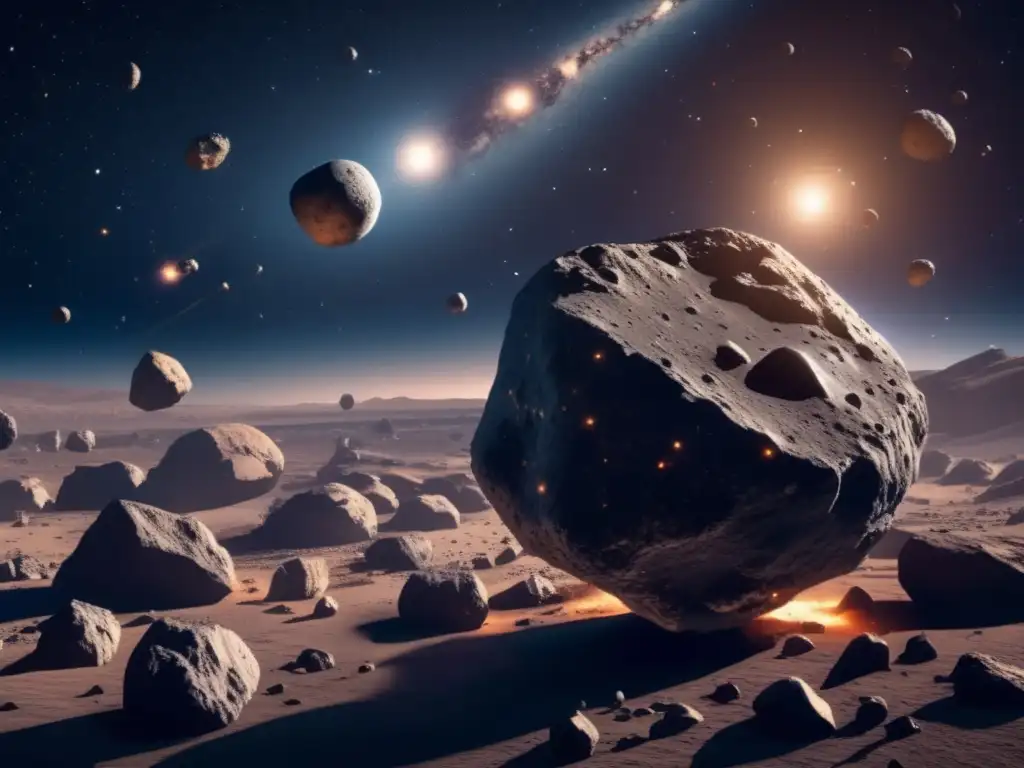 Imagen 8k de campo de asteroides en el espacio, destaca belleza de metales preciosos en asteroides