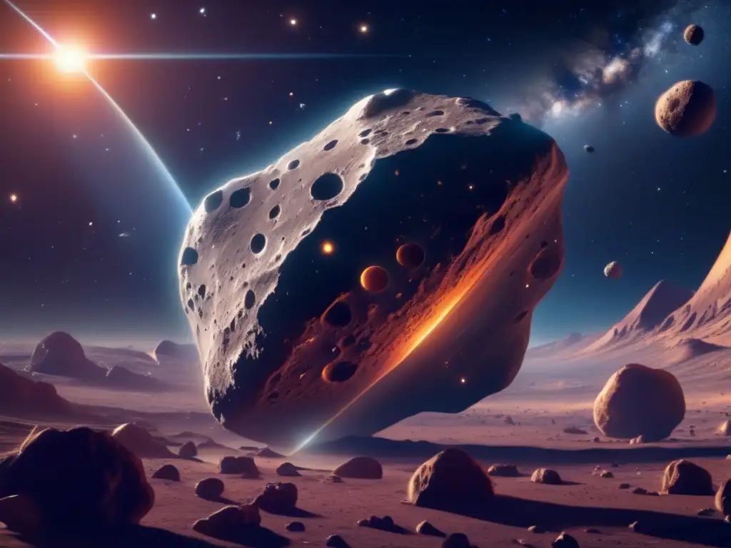 Imagen celestial: asteroide irregular con cráteres y luz etérea