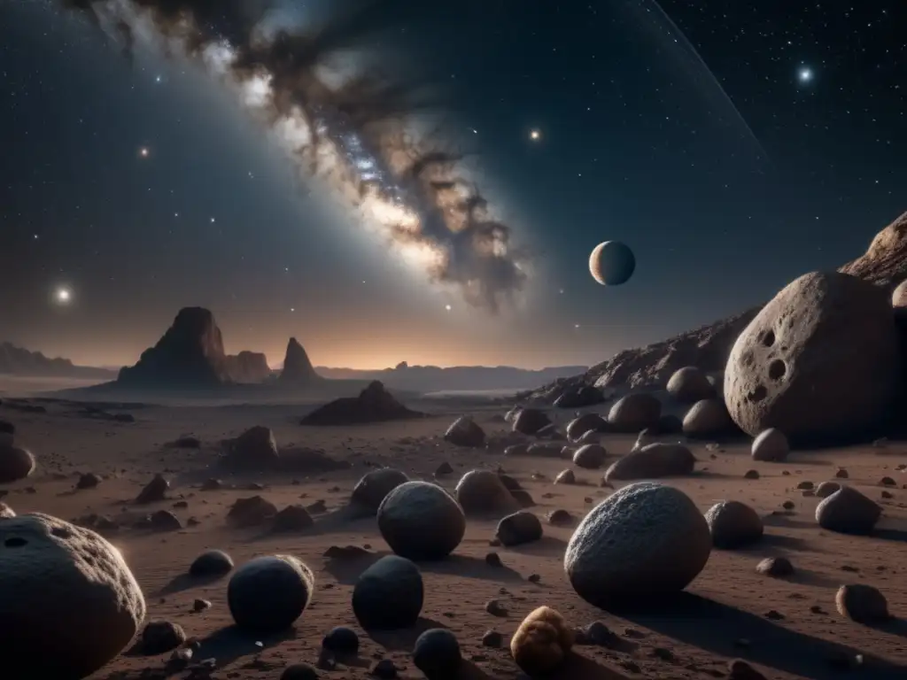 Imagen 8k de un cielo estrellado con cinturón de asteroides, destacando importancia de los silicatos en astronomía