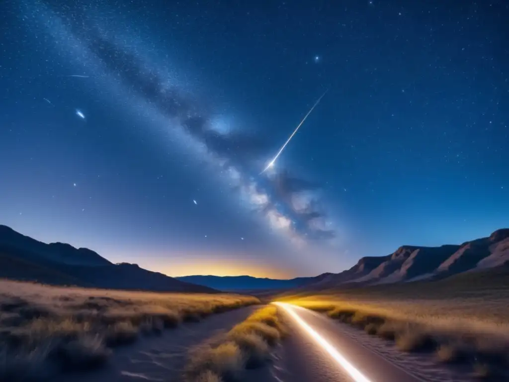 Imagen 8k de un cielo nocturno lleno de estrellas brillantes y un meteoro dorado, destacando las diferencias entre meteorito y meteoroide
