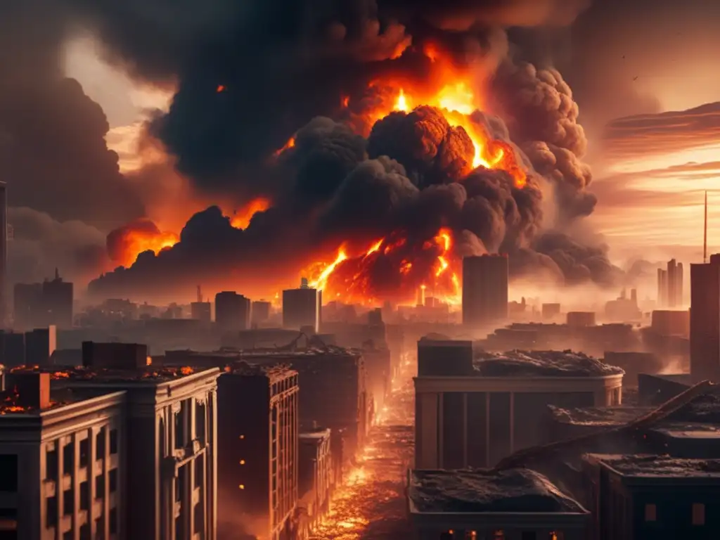 Imagen 8k de una ciudad postapocalíptica devastada por un asteroide gigante