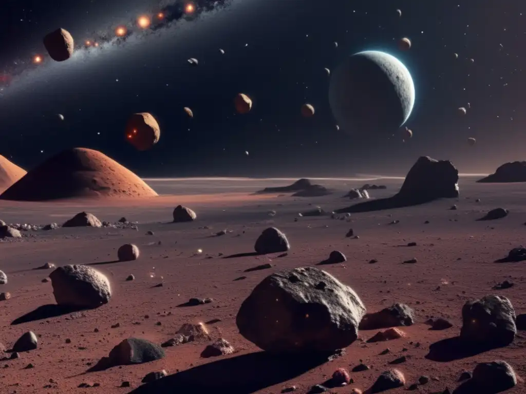Imagen: Prevenir colisiones asteroides en el vasto espacio, con variedad de asteroides y una nave futurista estudiando