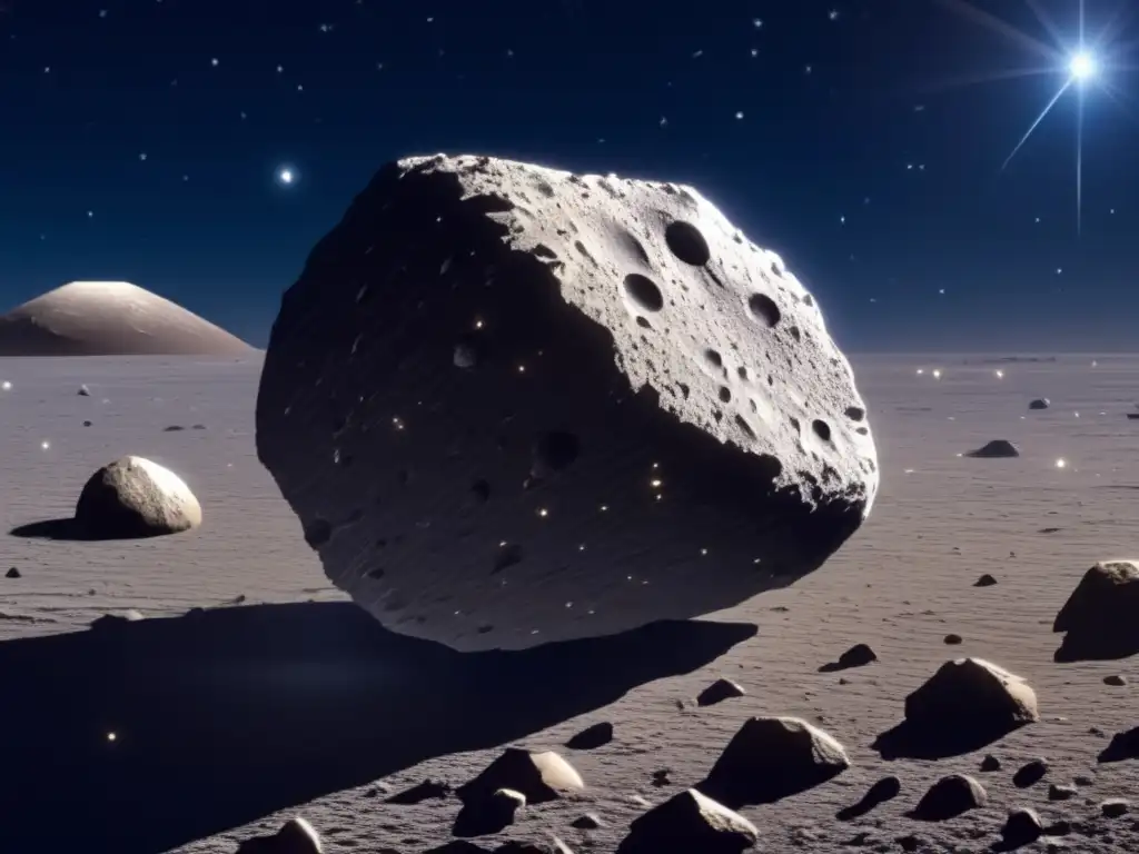 Imagen detallada del asteroide Ryugu en el espacio, rodeado de polvo estelar brillante