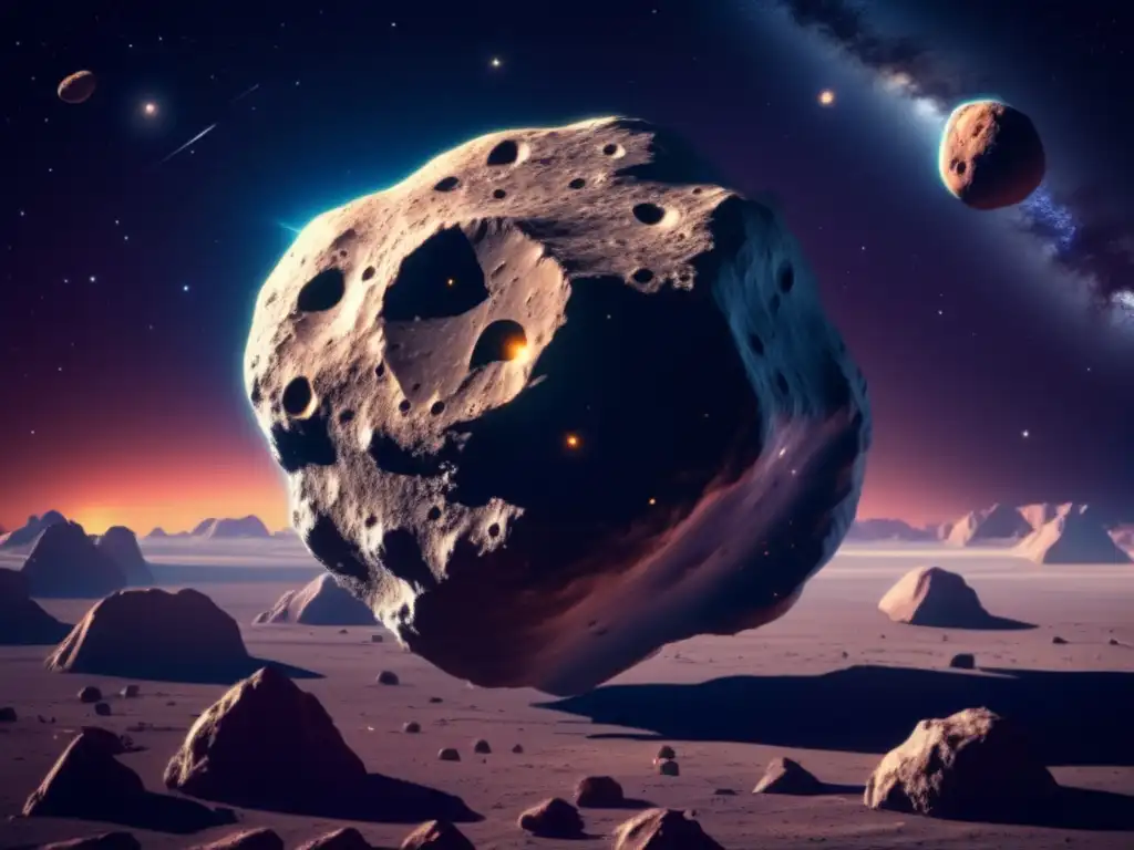 Imagen detallada de asteroide flotando en el espacio, resaltando la exploración y aprovechamiento de asteroides