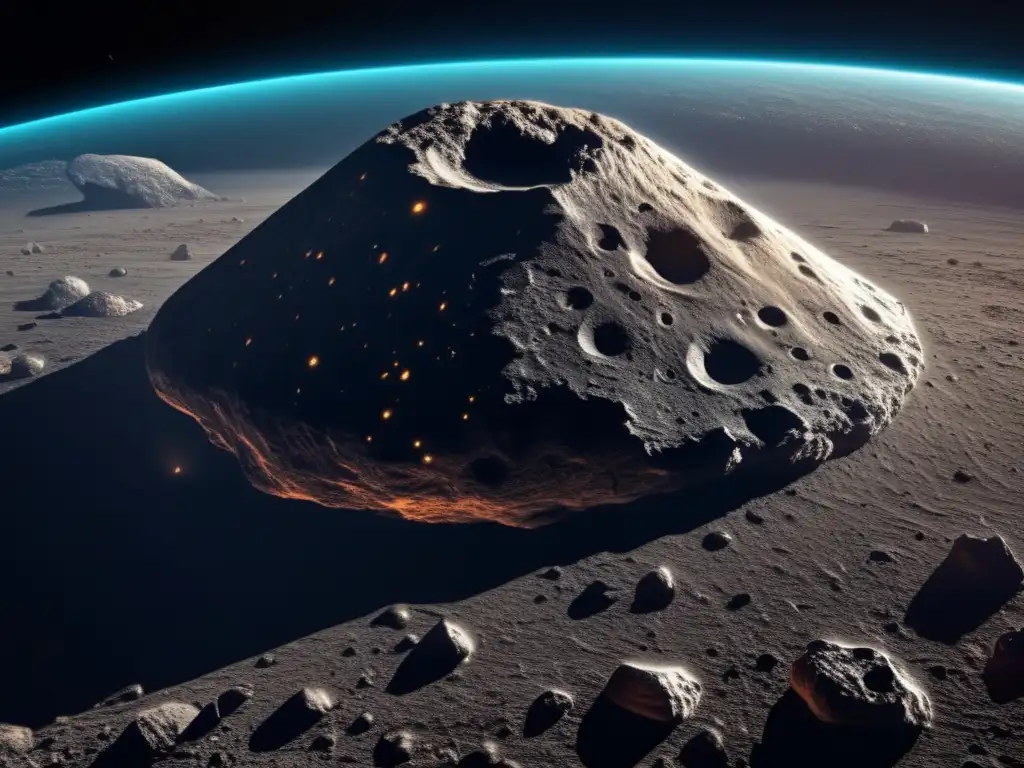 Imagen detallada de un asteroide masivo en el espacio, con cráteres, minerales y posibles compuestos orgánicos