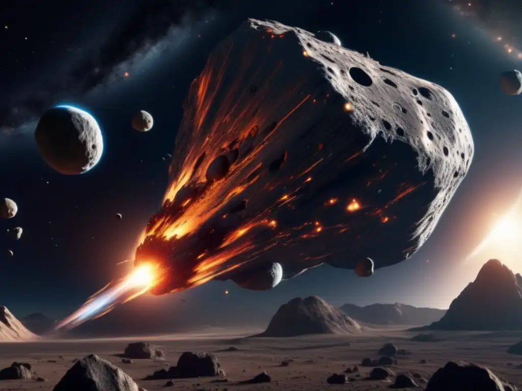 Imagen detallada de asteroide masivo en el espacio, junto a nave espacial, resaltando escala y exploración de asteroides para recursos espaciales
