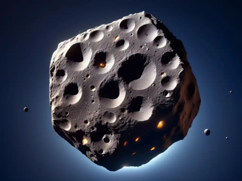 Imagen detallada de un asteroide oscuro con superficie áspera y irregular
