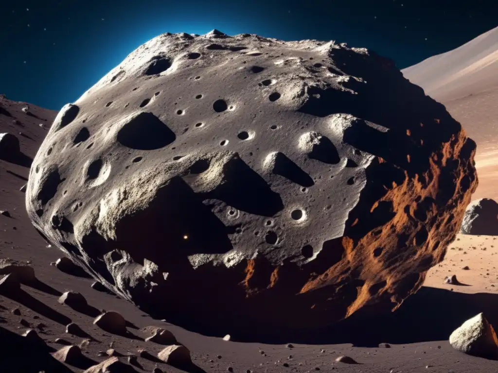 Imagen detallada de asteroide tipo C con superficie carbonácea, cráteres y rover minero extrayendo recursos