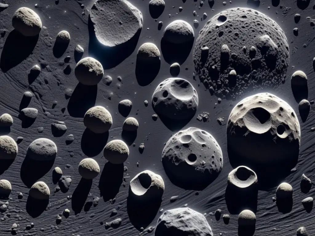 Imagen detallada de asteroides en el espacio, resaltando su belleza y complejidad