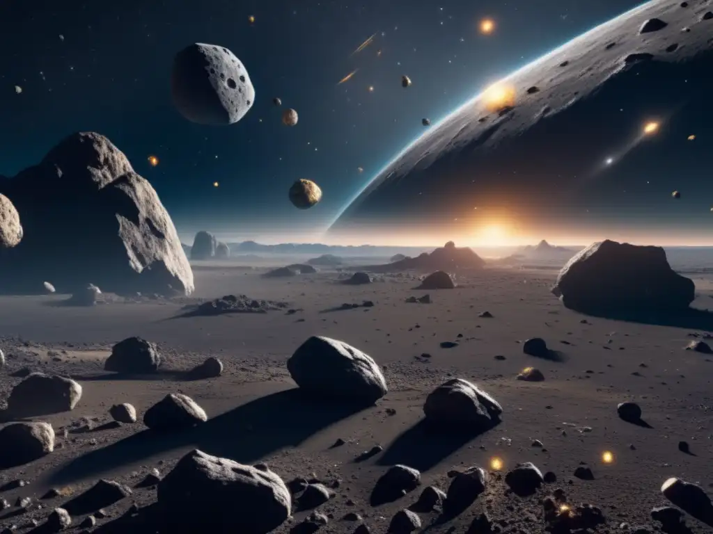 Imagen detallada en 8K de campo de asteroides en el espacio: clave vida, astrobiología