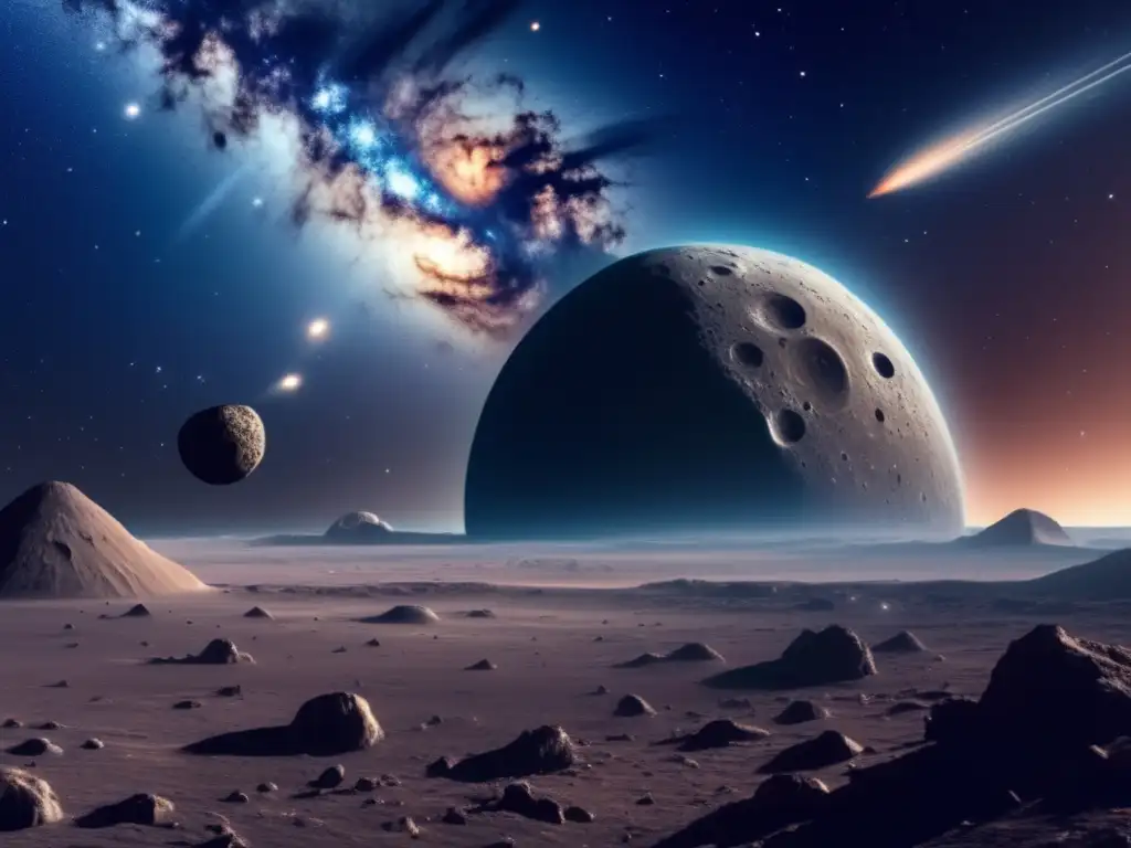 Imagen detallada del espacio con asteroides y nave espacial - Riesgo asteroides cercanos a la Tierra